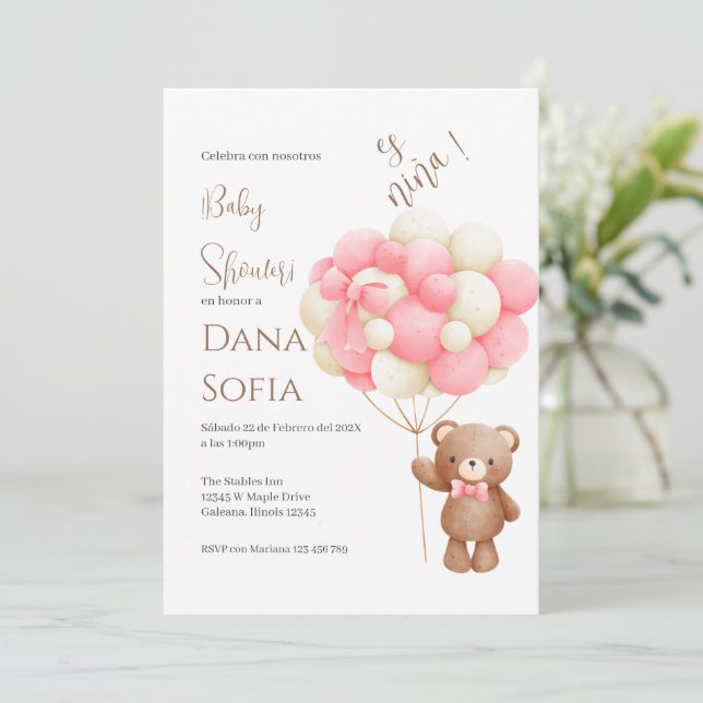 Invitación Pink floral Spanish Baby Shower Girl invitation (Anverso de pie)