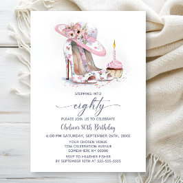 Invitación Pink Floral Stiletto Shoes 80th Birthday Party
