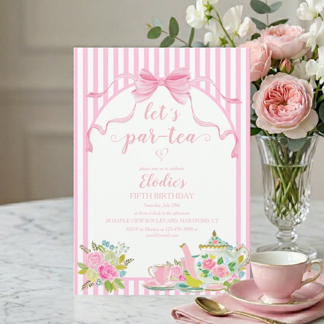 Invitación Pink Floral Stripe Let's Par-tea Birthday (lets par-tea pink bow coquette parisian stripe floral girls birthday tea party invitation)