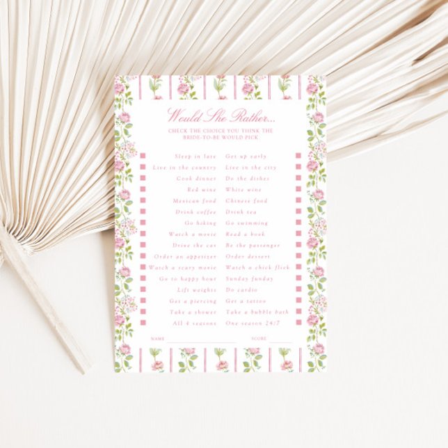 Invitación Pink Floral Striped Would she rather Game Card (Subido por el creador)