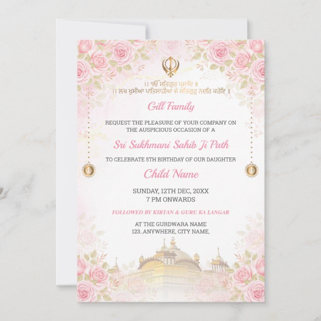 Invitación Pink Floral Sukhmani Sahib Path Invitation  (Anverso)