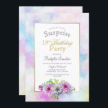Invitación Pink Floral Surprise 18th Birthday Party<br><div class="desc">Invitación a una fiesta de 18 años de color azul y rosa con motivos florales. Borde acuarela pintado de oro y pastel.</div>