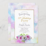 Invitación Pink Floral Surprise 18th Birthday Party<br><div class="desc">Invitación a una fiesta de 18 años de color azul y rosa con motivos florales. Borde acuarela pintado de oro y pastel.</div>