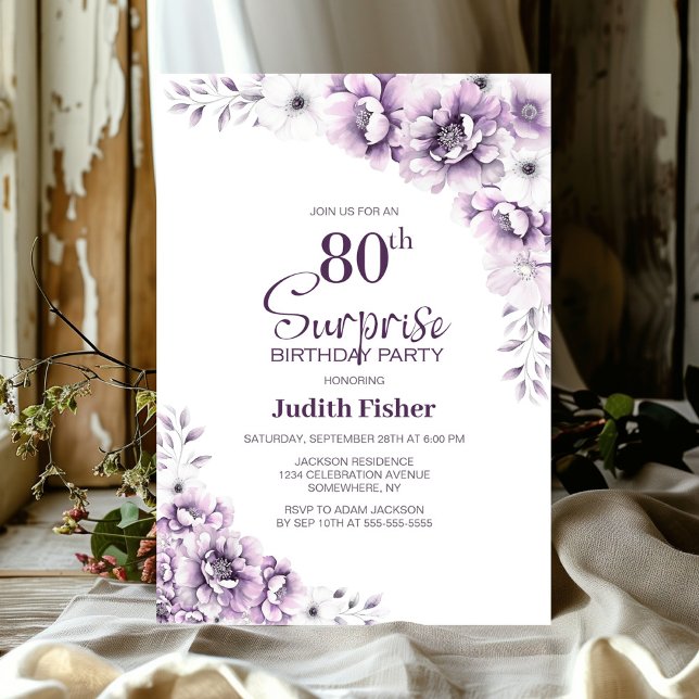 Invitación Pink Floral Surprise 80th Birthday Party (Subido por el creador)