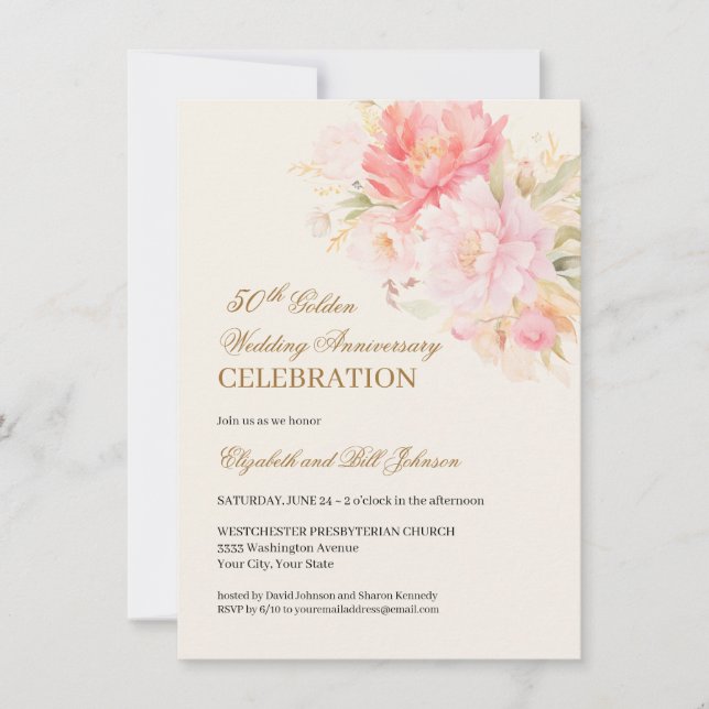Invitación Pink Floral Theme Gold 50th Wedding Anniversary (Anverso)