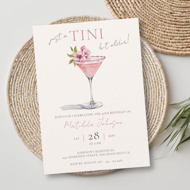Invitación Pink Floral Tini bit mayor 40 cumpleaños (Pink Floral Tini Bit Older 40th Birthday Invitation)