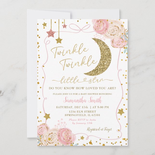 Invitación Pink Floral Twinkle Twinkle Handdraw Baby Shower (Anverso)