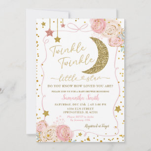 Invitación Pink Floral Twinkle Twinkle Handdraw Baby Shower