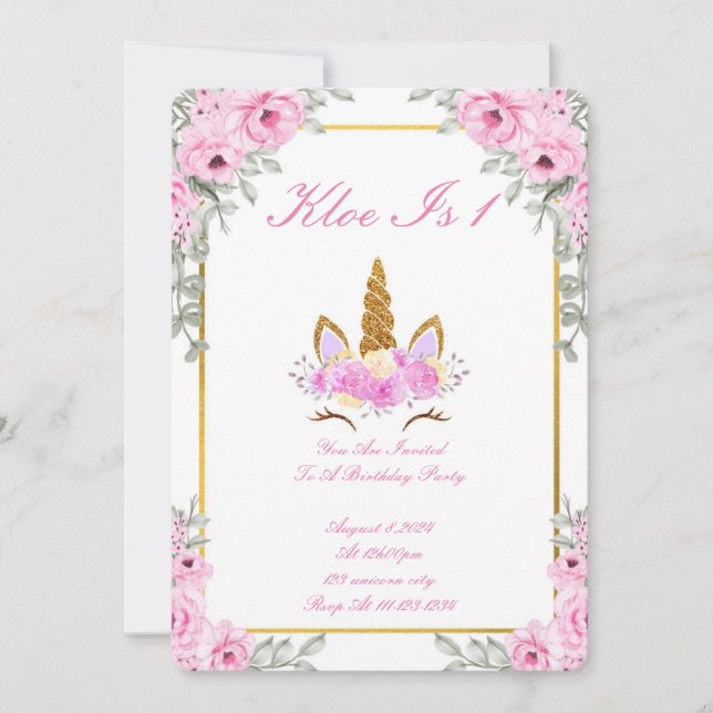 INVITACIÓN PINK FLORAL UNICORN BIRTHDAY PARTY INVITATION (Anverso)