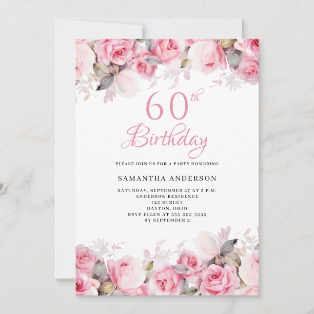 Invitación Pink Floral Watercolor 60º cumpleaños (Anverso)