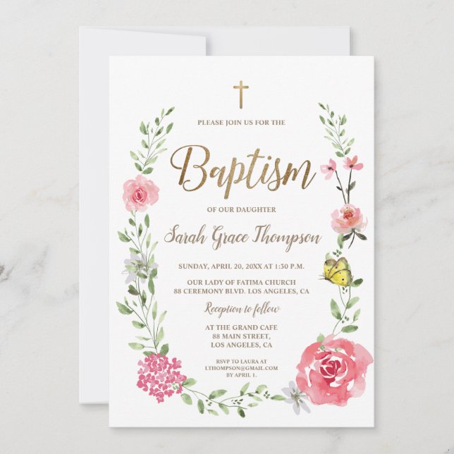 Invitación Pink Floral Watercolor Baptism Gold Cross Script  (Anverso)