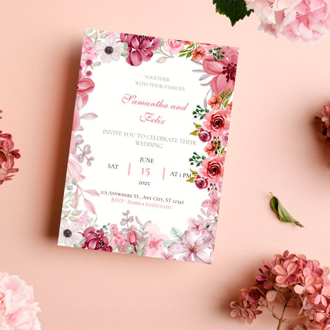 Invitación Pink Floral Watercolor Country Wedding Invitation (Subido por el creador)