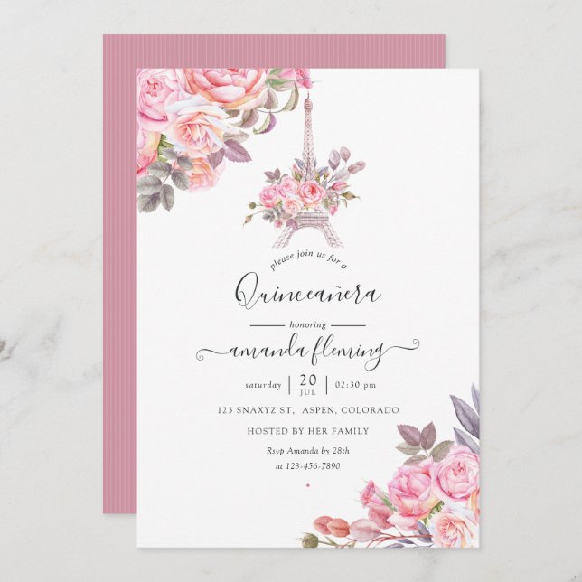 Invitación Pink Floral Watercolor Paris Quinceañera (Anverso / Reverso)