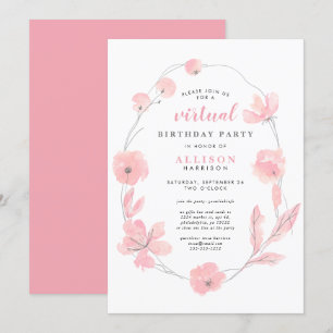 Invitación Pink Floral Watercolor Virtual Birday Party