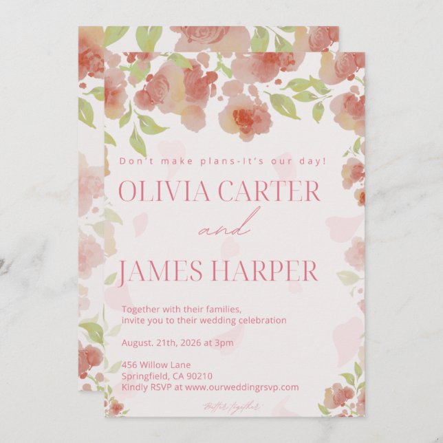 Invitación Pink Floral Wedding Invitation – Elegant Rustic (Anverso / Reverso)