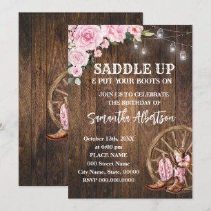Invitación Pink Floral Western Cowgirl Birday Country