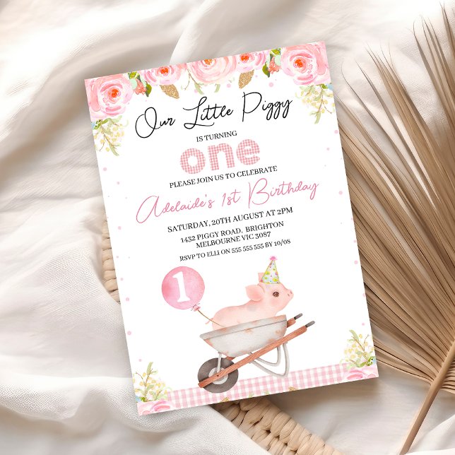 Invitación Pink Floral Wheelbarrow Little Piggy 1er cumpleaño (Pink Floral Little Piggy 1st Birthday Invitation Girl, Our Little Piggy First Birthday Invite, )