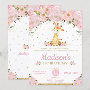 Invitación Pink Floral Whimsical Giraffe Chica Fiesta de Cump