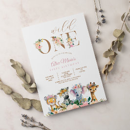 Invitación Pink Floral Wild One Jungle Safari Birthday Girl