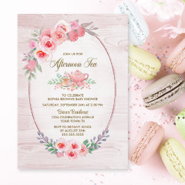Invitación Pink Floral Wood Afternoon Tea Baby Shower