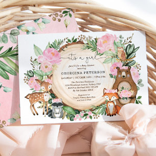 Invitación Pink Floral Woodland Forest Animals Baby Girl