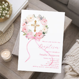 Invitación Pink floral wreath cross bow girl baptism
