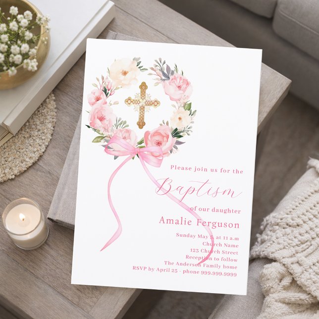 Invitación Pink floral wreath cross bow girl baptism (Subido por el creador)