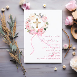Invitación Pink floral wreath cross bow girl baptism