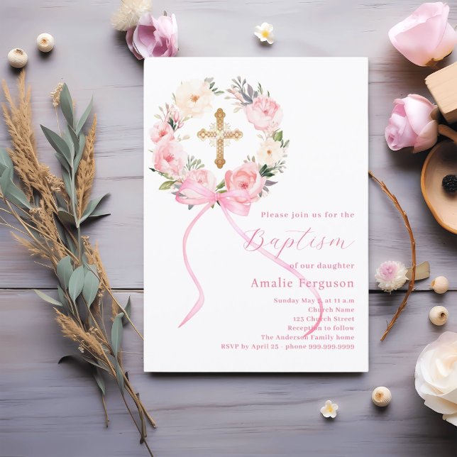 Invitación Pink floral wreath cross bow girl baptism (Subido por el creador)