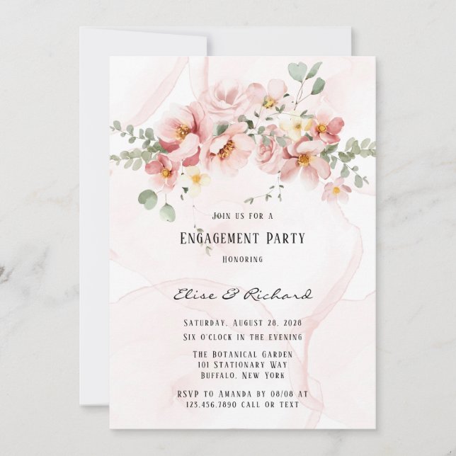 Invitación Pink Florals Elegant Eucalyptus Engagement Party (Anverso)