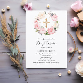 Invitación Pink florals wreath cross girl baptism