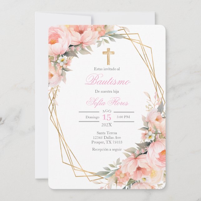 Invitación Pink flower bouquet Baptism in Spanish Invitation (Anverso)