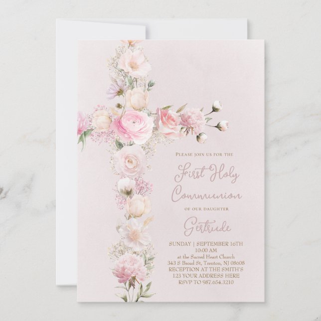 Invitación pink flowers cross First Holy Communion (Anverso)