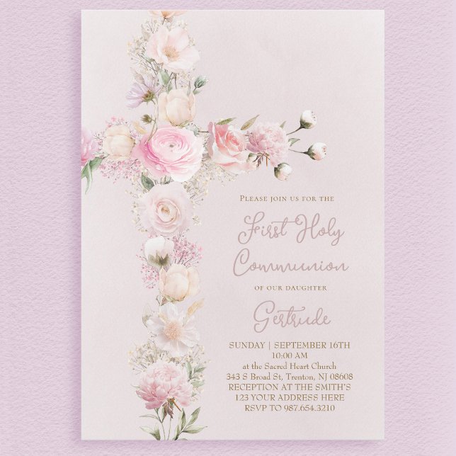 Invitación pink flowers cross First Holy Communion (Subido por el creador)