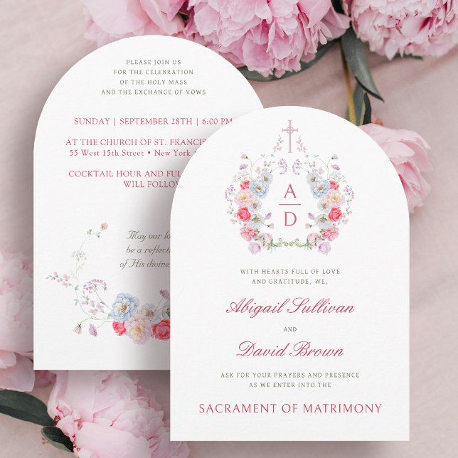 Invitación Pink Flowers Frame Catholic Wedding Invitation (Subido por el creador)