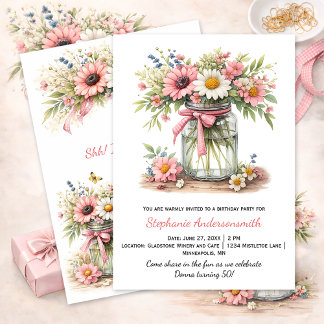 Invitación Pink Flowers Mason Jar Birthday Party |
