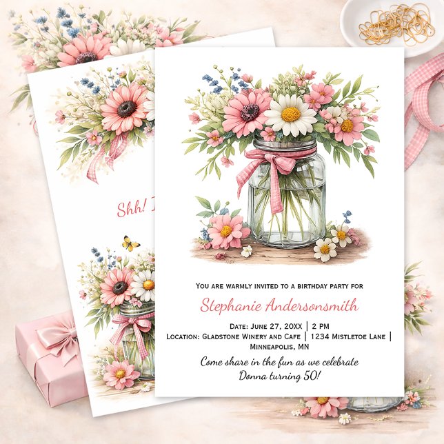 Invitación Pink Flowers Mason Jar Birthday Party | (Subido por el creador)