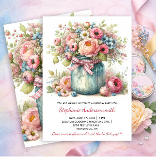 Invitación Pink Flowers Mason Jar Birthday Party | Invitation