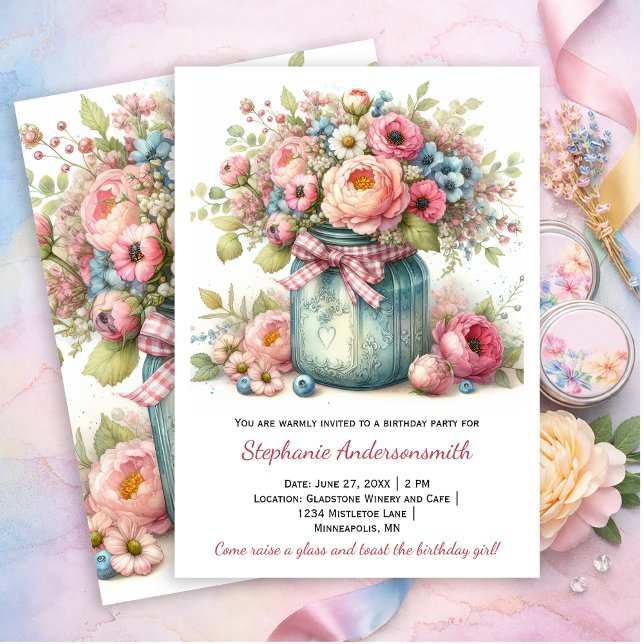 Invitación Pink Flowers Mason Jar Birthday Party | Invitation (Subido por el creador)