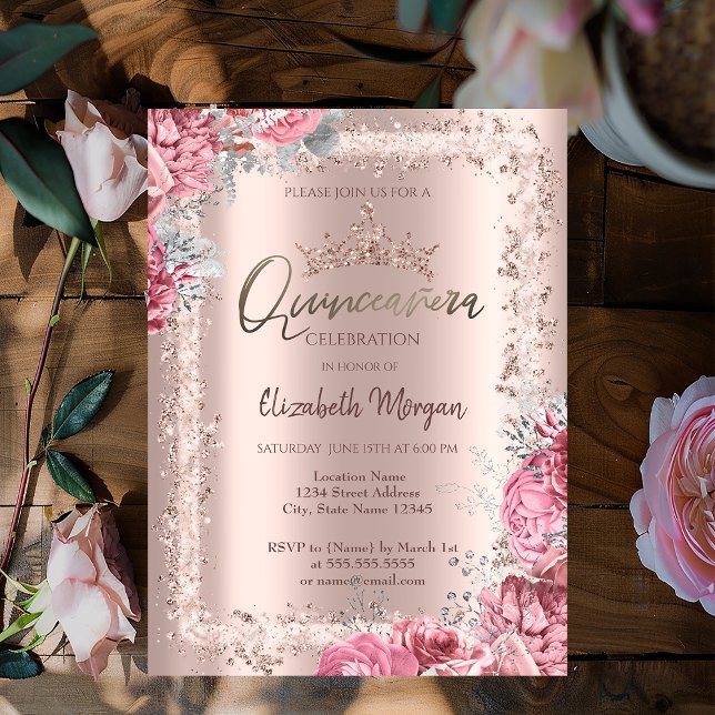 Invitación Pink Flowers Rose Gold Glitter Frame Crown  (Subido por el creador)