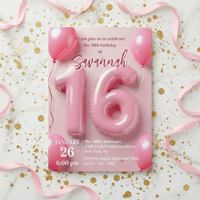Invitación Pink Foil Balloon Typography Sweet 16 Birthday (Subido por el creador)