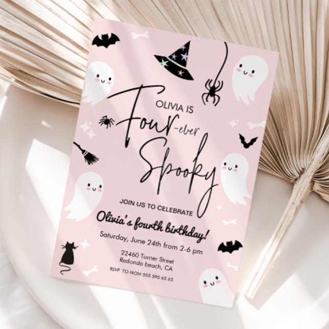 Invitación Pink Four-ever espeluznante, 2ª halloween de cumpl (Four ever spooky, 4th birthday halloween invitaiton)