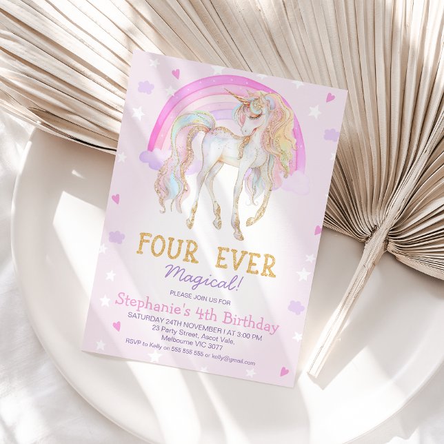 Invitación Pink Four Ever Magical Unicorn 4º cumpleaños (Pink Four Ever Magical Unicorn 4th Birthday Invitation Template, Rainbow Unicorn 4th Birthday Invite)
