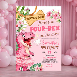 Invitación Pink Four Rex On The Loose Fourth Birthday
