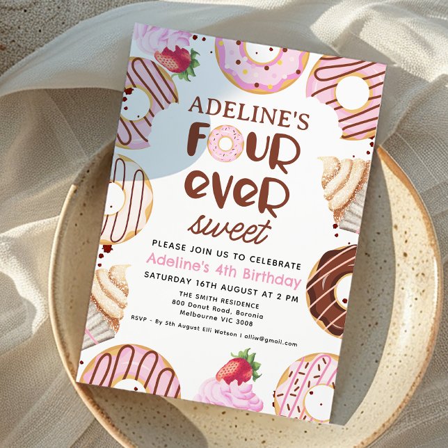 Invitación Pink Fourever Sweet Donut 4º Fiesta de cumpleaños (Girls Four Ever Sweet 4th Birthday Invitation Donut Birthday Invitation Pink Donut Sweets Themed)