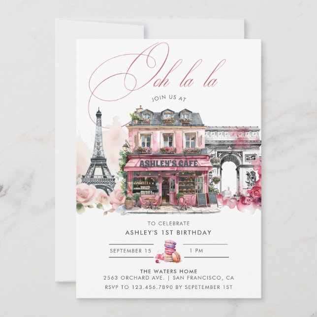 Invitación Pink French Cafe Tea Birday Party (Anverso)