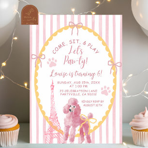 Invitación Pink French Poodle Come Sit Play Cumpleaños