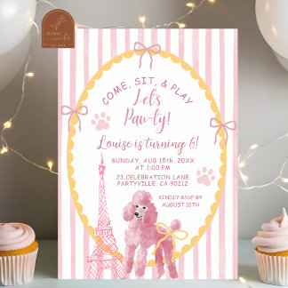 Invitación Pink French Poodle Come Sit Play Cumpleaños