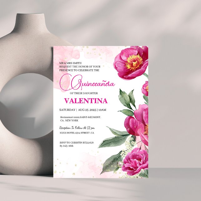 Invitación Pink Fuchsia Floral Gold Watercolor Quinceañera (Subido por el creador)
