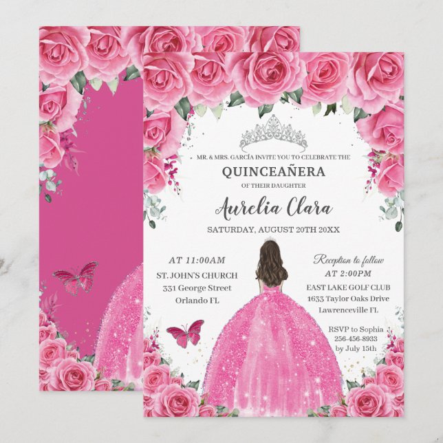 Invitación Pink Fuchsia Plata Floral Quinceañera Princesa XV (Anverso / Reverso)